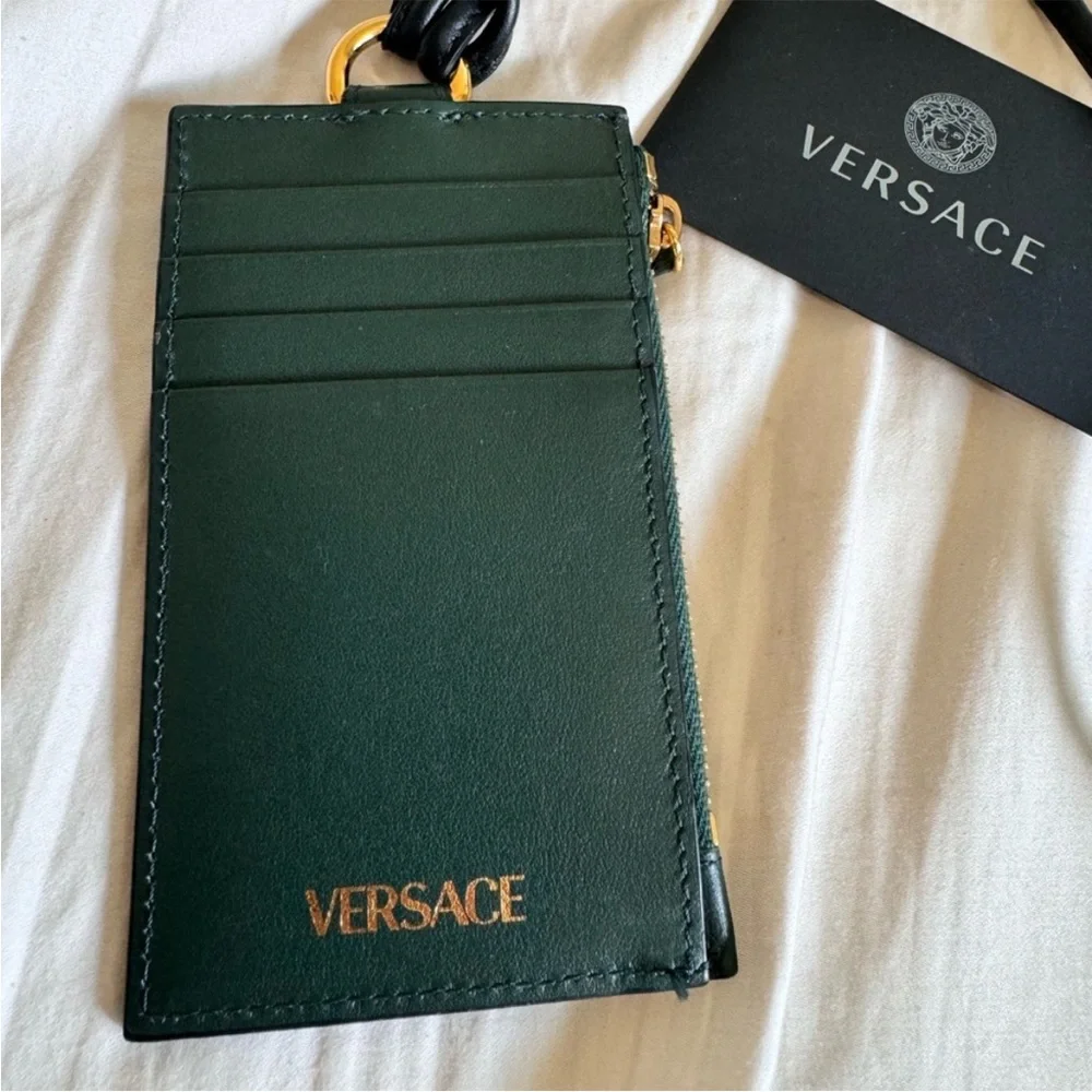 Versace Medusa Forest Green Unisex Leather Wallet With Detachable Lanyard Strap